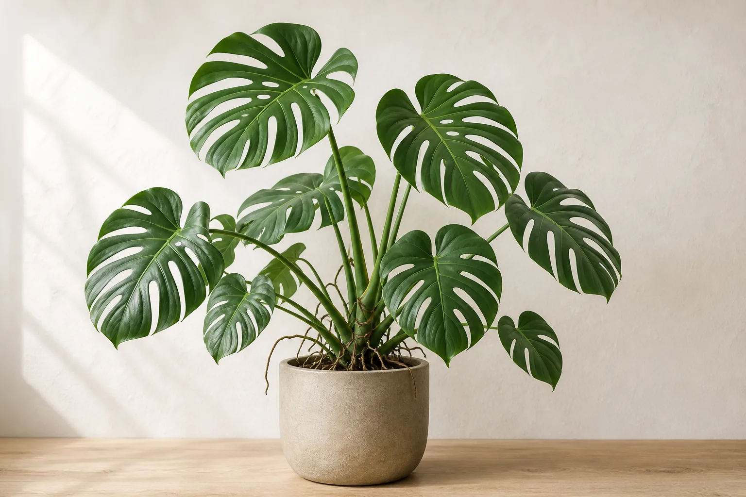 Monstera foliage positioned in bright filtered indoor light